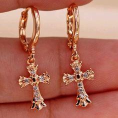 18k Gold Filled-Vogue Flower Cross Clear Zircon Earrings, Brand New No Tags Elegant Cross Hoop Earrings Gift, Elegant Hypoallergenic Cross-shaped Earrings, Elegant Hypoallergenic Cross Earrings, Elegant Gold Cross Hoop Earrings, Gold Cross Earrings, Flower Cross, Zircon Earrings, Pretty Jewelry, Cross Earrings