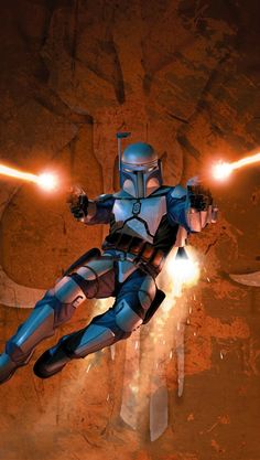 a star wars character flying through the air with two lights in his hand and one arm out