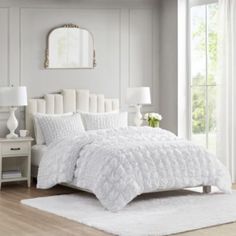 This shabby chic cottage style comforter set features elastic embroidery creating both small and large square shaped ruching, giving the bedding set a stylish puffy appearance. Features: Set includes comforter, 2 matching shams 100% soft microfiber; 100% Polyester filling Large and small ruching in horizontal stripe layout created by elastic embroidery Machine washable in large capacity commercial washer/dryer Hypoallergenic polyester comforter filling contains no allergens and is dust proof Gen White King, Madison Park, Size King, King Comforter, Shabby Chic Cottage, Warm Grey, Comforter Set, California King, Bed Comforters