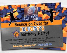 a birthday party flyer with an image of a person jumping in the air