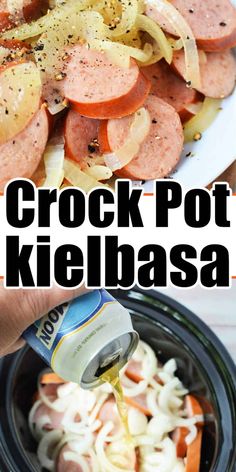 the crock pot kielbasa is being drizzled with mustard and seasoning