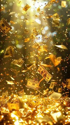 money falling down into the air with bright lights in the background and gold glitters all around