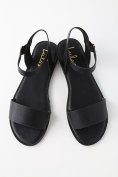 Cute Black Sandals - Flat Sandals - Ankle Strap Sandals - Lulus Black And Gold Flats Shoes, Womens Black Sandals, Simple Sandals Flat, Black Flat Sandals Outfit, Black Dress With Flats, Black Dress With Sandals, Women’s Sandals, Sandles Flats, Lulus Sandals