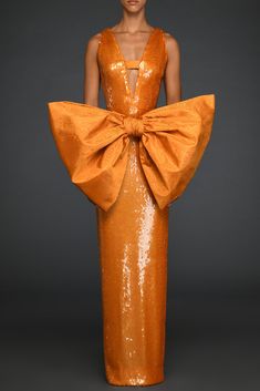 Orange sequins dress with taffeta moiré oversized bow - HerTrove Jean Louis Sabaji, Sparkle Ball, Formal Dresses With Sleeves, Sequins Dress, Midi Dress Style, Orange Tones, Sequin Maxi, Sequin Maxi Dress, Orange Fashion