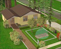 an artist's rendering of a small house in the middle of a green yard