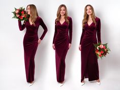 three women in long sleeved dresses holding flowers