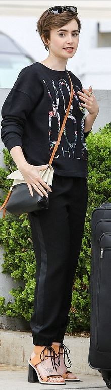 Who made Lily Collin's black print sweatshirt and white handbag? Black Outfit Ideas, Lily Collins Style, Pixie Outfit, Pixie Hair, Steven Alan, Big Chop, White Handbag, Trendy Hair