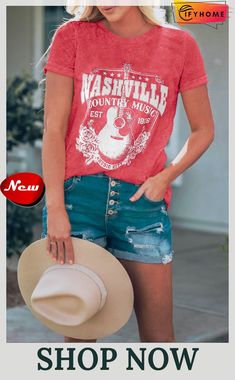 Red Nashville Music City Graphic Mineral Washed Tee Music-themed Relaxed Fit Tops For Summer, Red Band Merch Tops For Summer, Summer Band Merch Red Tops, Red Graphic Print Top For Concert, Red T-shirt For Summer Concert, Red Fan Apparel T-shirt For Fall, Spring Music-themed Letter Print Tops, Spring Cotton Tops With Music-themed Style, Spring Music-themed Cotton Tops