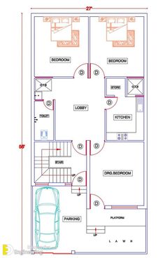 the floor plan for a two story house with an attached garage and living room area