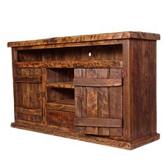 This Old Fashion Woodcutter TV Console is crafted from reclaimed wood for a rugged western look that is heavy and chunky. Perfect for adding a sense of style and durability to your home. Rustic Tv Console, Lodge Furniture, Turquoise Bedding, Ranch Furniture, Cowhide Furniture, Wood Tv Console, Barnwood Furniture, Western Furniture, Ottoman Coffee