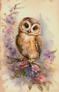 an owl sitting on top of a branch with purple flowers around its neck and eyes