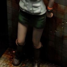 a woman in short shorts and boots standing on a tiled floor with her hands behind her back