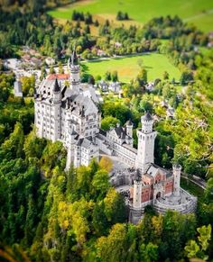 an aerial view of a castle surrounded by trees