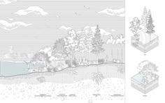 two drawings of trees and water with clouds in the sky, one is black and white