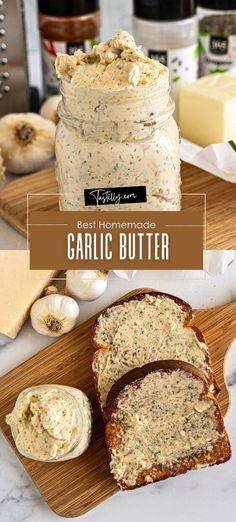 garlic butter in a jar and sliced bread on a cutting board