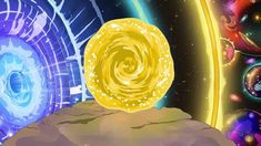 a yellow coin sitting on top of a rock next to a space filled with stars