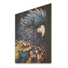 a painting of a parrot on a wooden wall