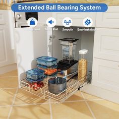 an image of a kitchen setting with food items on the shelf and labeled ball bearing system