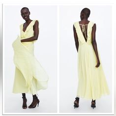 Nwt Light Yellow Pleated Details Plunge Neckline Open Back With Tie Maxi Dress Yellow V-neck Zara Maxi Dress, Flowy V-neck Zara Maxi Dress, Zara Flowy V-neck Maxi Dress, Zara Yellow V-neck Maxi Dress, Zara V-neck Midi Dress With Ruffles, Chic Zara V-neck Maxi Dress, Zara Pleated Maxi Dress For Summer, Zara Maxi Dress For Spring Night Out, Zara Maxi Dress For Night Out In Spring