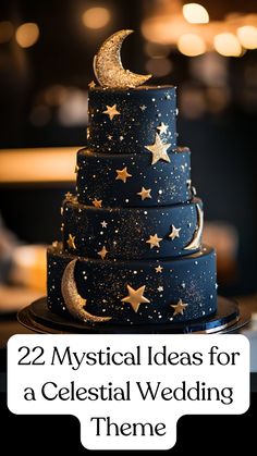 Stunning cake featuring constellation patterns, glittering stars, and moon shapes with deep navy and gold colors. Navy And Gold Celestial Wedding, Star Cake Decorations, Starry Night Quinceanera Cake, Constellation Theme Party, Wedding Galaxy Theme, Magic Themed Cake, Sun And Moon Wedding Cake, Acotar Cake Ideas