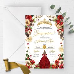 a red and gold quinceaue wedding card on top of an envelope