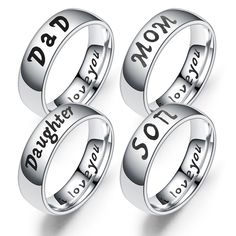 three silver rings with names on them and the words, $ 1 98 each in different languages