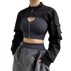 Introducing the Black Techwear Long Sleeve Extreme Crop Top Jacket for Women, a must-have addition to your wardrobe for those who embrace the Techwear, Urbancore, Altcore, Modern Streetwear, and Alt TikTok fashion aesthetics. Crafted from high-quality cotton and polyester materials, this sleek black jacket is the epitome of style and comfort. It's not just a jacket; it's a statement piece that speaks volumes about your fashion-forward sensibilities. S - Shoulder: 39 cm (15.35 inches); Sleeve: 59 cm (23.23 inches); Length: 20 cm (7.87 inches); M - Shoulder: 40 cm (15.75 inches); Sleeve: 60 cm (23.62 inches); Length: 21 cm (8.27 inches); L - Shoulder: 41 cm (16.14 inches); Sleeve: 61 cm (24.02 inches); Length: 22 cm (8.66 inches); Elevate Your Style: Achieve that edgy, futuristic look with t Reflective Rave Outfit, Goth Crop Top, Crop Top Design, Techwear Jacket, Cropped Black Jacket, Fashion Identity, Crop Top Jacket, Biker Shorts Outfit, Crop Top Designs