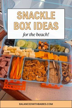 an open lunch box filled with snacks and the words snack box ideas for the beach