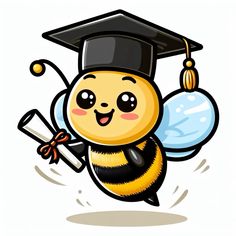 a cartoon bee wearing a graduation cap and holding a pencil in its paws, while flying through the air