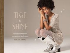 a woman sitting on the ground with her legs crossed and wearing silver shoes, in front of a white background that says time to shine