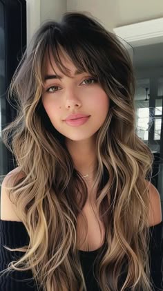 Pale Skin With Black Hair, Unique Hair Highlights For Dark Hair, Brown Hair Color Ideas For Fall, Long Ombré Hair, Brunette With Blonde Bangs, Sunkissed Dark Hair, Light Brown With Honey Highlights, Dark Lights Hair, Honey Blonde Hair On Dark Hair