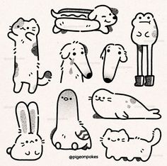 black and white drawing of dogs and cats