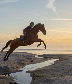 a man riding on the back of a brown horse next to a body of water