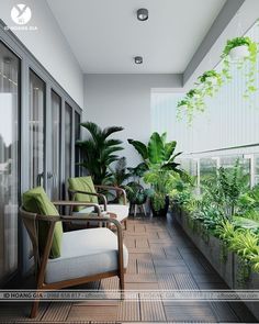 a balcony with potted plants and two chairs on the floor next to each other