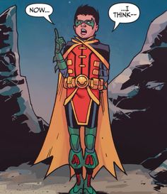 a man in a red and yellow costume standing next to some mountains with two speech bubbles above his head