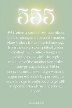 555 is often associated with significant spiritual changes and transformation. Many believe it is a powerful message from the universe or spiritual guides indicating that positive changes are unfolding in one's life. The triple repetition of the number 5 amplifies its energy, suggesting a shift in consciousness, personal growth, and alignment with one's life purpose. It's seen as a sign to embrace change with an open heart and trust the journey ahead. #555 #angelnumbers #spirituality #universe 555 Spiritual Meaning, Meaning Of 555, 555 Meaning, Angels Numbers, Seeing Repeating Numbers, Angel Number 555, Trust The Journey, 555 Angel Numbers, Psychic Development Learning