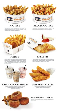 an advertisement with different types of food in the middle of each page, including fries and donuts