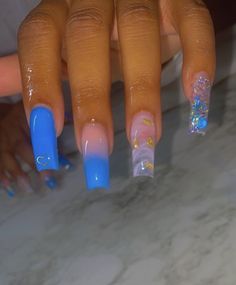 Cute Nail Inspo Acrylic Square, Short Acrylic Nails Blue, Long Acrylic Nail Designs, Glow Nails