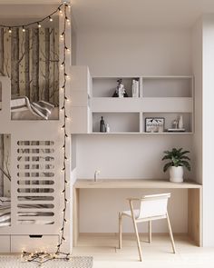 a bedroom with white furniture and lights on the wall, along with a desk in front of it