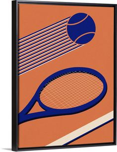 a tennis racket and ball on an orange background framed canvas wall art print by person