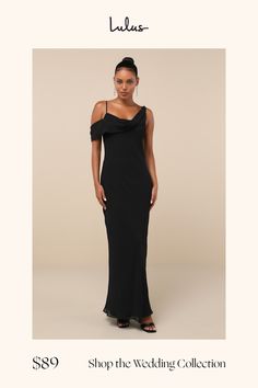 a woman in a long black dress with the words shop the wedding collection on it