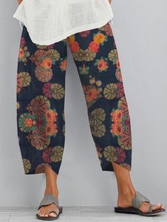 Loose Flower Print Pockets Split-Joint Pants Trousers BLACK-2XL Bohemian Black Pants, Ankle-length Floral Print Spring Bottoms, Ankle-length Floral Print Bottoms For Spring, Floral Print Ankle-length Spring Bottoms, Spring Floral Print Ankle-length Bottoms, Baggy Floral Print Trousers, Casual Baggy Floral Print Pants, Casual Baggy Printed Bottoms, Ankle-length Floral Print Summer Bottoms