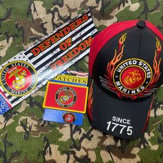 Us Marines 4-Piece Gift Set Set Includes: 1/ Cap 1/ Decal Sticker 1/ Pin 1/ Patch *Total 4 (Four) Items* All Us Marines Branch Items Condition: New **Photos Are Of The Exact Items You Will Receive** Details Of Each Item Included In Gift Set: *Cap: One Size Fits Most Adjustable Hook And Loop Strap On Back Main Colors: Red And Black Embroidered Emblem And Design *Decal Sticker: Exterior Or Interior Use Rectangle Decal Shape 9.75" Wide X 3.5" Tall Sticky-Side On Back Water, Sun, & Car Wash Resistan Outdoor Red Hats With Logo Patch, Usmc Gifts, Red 5-panel Trucker Baseball Cap, Military Style Cap With Logo Patch, Military Cap With Logo Patch, Military Patches, Us Marines, Metal Pins, Main Colors