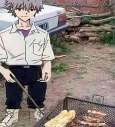 a man standing next to a grill with food on it