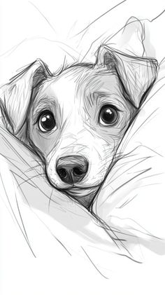 a drawing of a dog laying on top of a bed with his head resting on the pillow