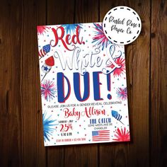 a red, white and blue party flyer on a wooden background with a sticker