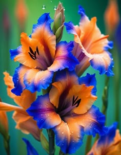 blue and orange flowers with drops of water on them