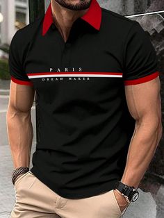 Negro Casual Collar manga corta Tela Color combinado,Letras  Embellished Elástico Ligero Verano Black Polo Outfit Men, Sports Wear Fashion, Mens Casual Dress Outfits, Woven Jacket, Casual Summer Tops, Hiking Shirts, Golf T Shirts