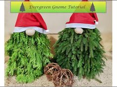 two green gnomes made out of evergreen branches