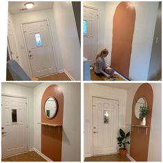 four pictures of a woman painting the inside of a house with different angles and colors